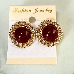 Fashion Jewelry Gold-Tone Earrings with Burgundy Cabochon